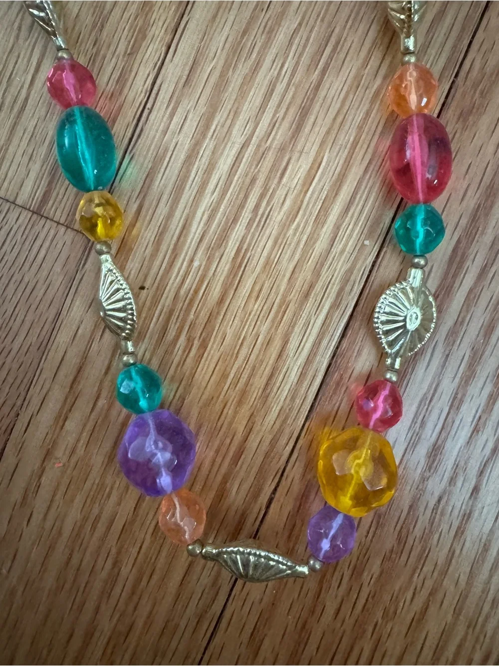 Vintage Multi-Color Beaded Necklace with Gold Leaf Accents